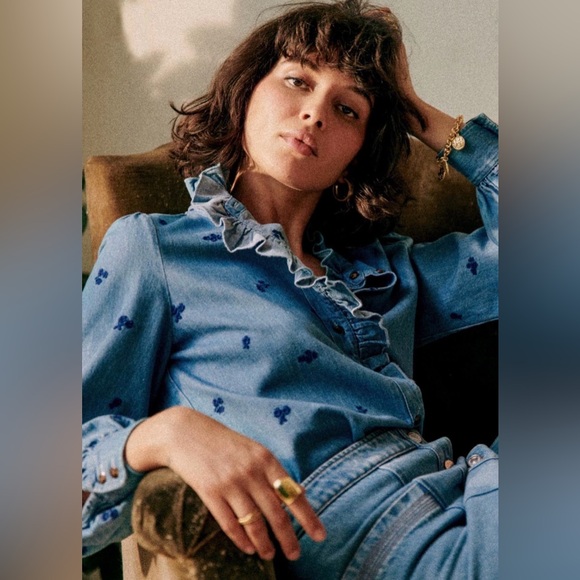 Sézane Chlo Blue Ruffle Denim Shirt Floral Embroidery - Picture 3 of 10